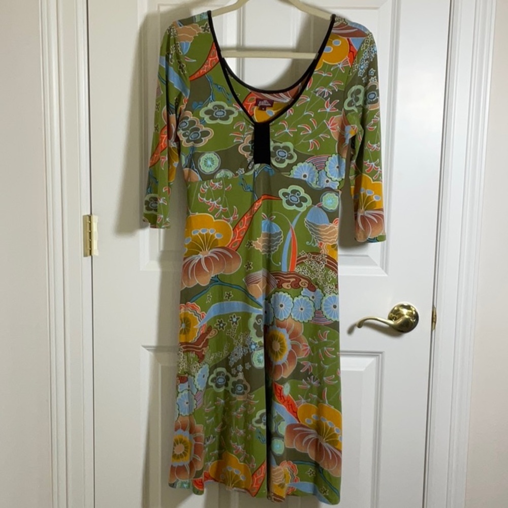 Salaam Green Floral V-Neck Empire Waist 3/4 Sleeve Midi Dress Boho Asian M